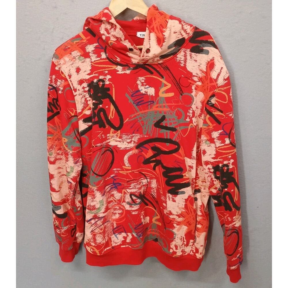 YININF Multicolor Long Sleeved Hoodie Graffiti Streetwear Hip Hop Men's Size M